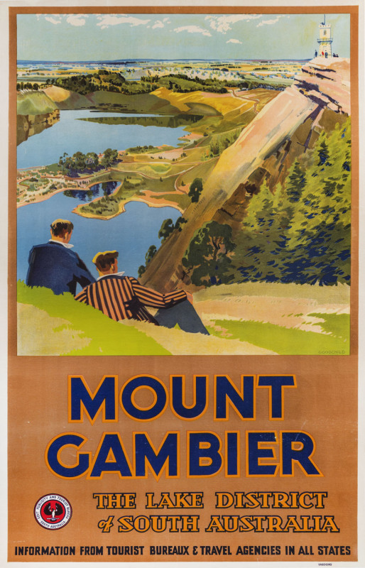 John Goodchild (1898-1980). MOUNT GAMBIER. The Lake District Of South Australia, c1930s colour lithograph, signed in image centre right, 101 x 64cm. Linen-backed. “Gov’t Publicity and Tourist Bureau, South Australia. Vardons.”