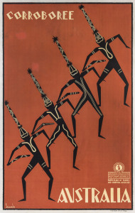 [TRAVEL POSTER] Gert Sellheim (1901-1970) CORROBOREE AUSTRALIA 1935 colour lithograph, signed in image lower left, 100.5 x 62.5cm. Linen-backed. “Australian National Travel Association...F.W. Niven Pty Ltd, Melb.”