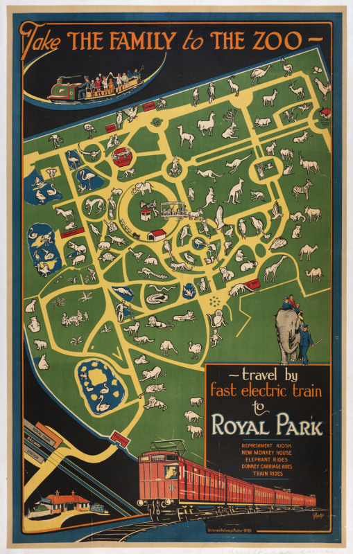 Take The Family To The Zoo – Travel By Fast Electric Train To Royal Park, c1915 colour lithograph, signed “J. Hack” in image lower right, 102 x 63cm. Linen-backed. “Victorian Railways Poster No. 61.” The destination sign on the illustrated train states