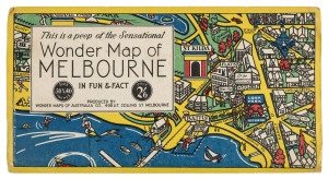 Circa 1934 "MELBOURNE, A MOTOR MANUAL MAP", coloured lithograph poster map of the city of Melbourne with various inset scenes including Aborigines, printed by TROEDEL & COOPER Pty Ltd and folding to pocket size. 76 x 100cm