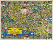 Circa 1934 "MELBOURNE, A MOTOR MANUAL MAP", coloured lithograph poster map of the city of Melbourne with various inset scenes including Aborigines, printed by TROEDEL & COOPER Pty Ltd and folding to pocket size. 76 x 100cm - 2