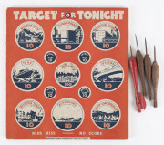 "TARGET FOR TONIGHT" WW2 period dart board and 4 bomb shaped darts, by Metal-Wood Repetitions Co. Sydney, ​29 x 27cm