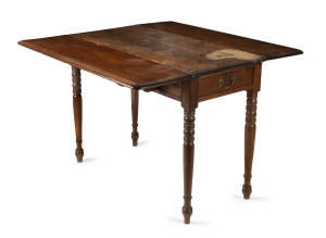 ROYAL ENGINEERS DEPARTMENT Rare Australian pembroke table, blackwood and cedar, circa 1840s, stamped in three places "R.E.D." and with convict broad arrow. This table was most likely made for the Departments headquarters at No.2 DAVEY STREET in Hobart which was completed in the mid 1840s. The building, a beautiful two storey sandstone structure prominently located near the Hobart foreshore is a fine example of Colonial architecture in the Georgian style. 76cm high, 50cm wide (extends to 110cm wi
