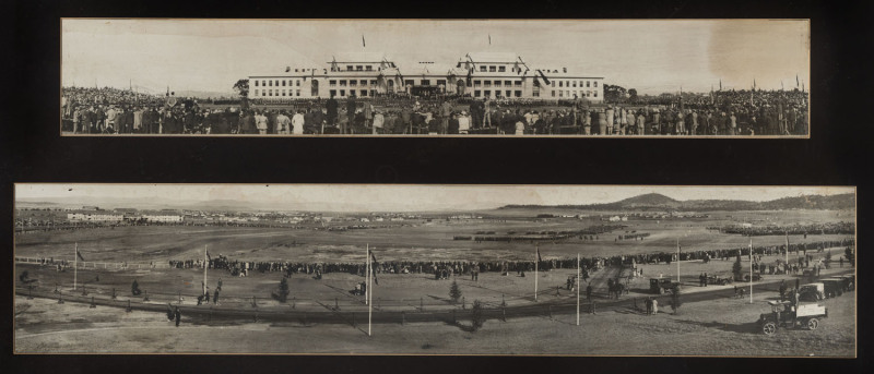 Opening of old Parliament House Canberra, two panoramic views, one depicting the official opening with thronging crowd on the forcourt, the other a reverse angle panorama of Canberra showing a sparsly populated vista with Mount Ainsley in the background.