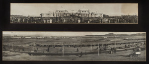 Opening of old Parliament House Canberra, two panoramic views, one depicting the official opening with thronging crowd on the forcourt, the other a reverse angle panorama of Canberra showing a sparsly populated vista with Mount Ainsley in the background. 