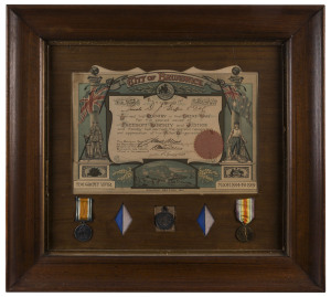 Private D.J. GRIFFEN 4th Field Artillery Battery A.I.F. (11845, DVR), framed certificate from the City Of Brunswick; together with three of Private Griffen's WW1 service medals. Attractive period frame and mounting, ​61 x 66cm overall