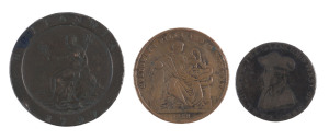 Coins: 1797 King George III 'Cartwheel' One Penny, a huge 28g copper coin which became Australia's first penny when HMS Porpoise brought a shipment from Britain in 1800 to be used by the NSW Governor to pay for supplies, the coin then going into general circulation; also 1858 Professor Holloway's Pills and Ointments One Penny token and a heavily worn British 1795 Earl Howe - Glorious Ist of June ½d token commemorating the success of the British Fleet