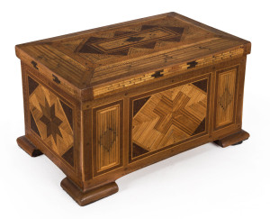 Prison folk art matchstick timber jewellery box, monogrammed "J.M." under lid, early 20th century, 14cm high, 25cm wide, 16cm deep