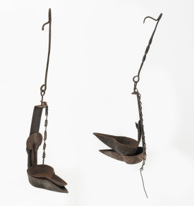Two hand forged whale oil Betty lamps, 19th century, 20cm high