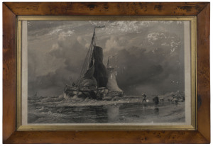 A 19th century engraving of a fishing scene in original birdseye huon pine frame original with gilt slip, image 43 x 70cm, frame 58.5 x 85.5cm