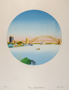 GARRY SHEAD (b.1942). Evening On Sydney Harbour, 1981. Colour screenprint, circular format, editioned "A. P.", titled, signed and dated in pencil and blind stamp in lower margin, 44 x 44cm.