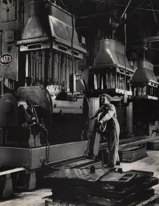 Wolfgang Georg SIEVERS (1913 - 2007) International Harvester, NATCO Multiple Spinole Drill, Geelong c.1950, vintage silver gelatin photograph, photographer's stamp and titled in pencil verso, 50.5 x 39.5cm. Laid down on original board. Provenance: Max Dup