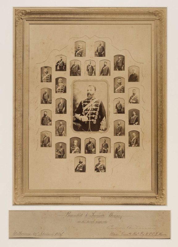 THE PRINCE OF WALES VICTORIAN VOLUNTEER LIGHT HORSE REGIMENT 1884 Composite albumen paper photograph of 29 military portraits, inscribed and dated in ink on backing below image, 37.5 x 29.1cm. laid down on original backing. Inscription reads “Presented