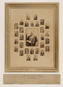 THE PRINCE OF WALES VICTORIAN VOLUNTEER LIGHT HORSE REGIMENT 1884 Composite albumen paper photograph of 29 military portraits, inscribed and dated in ink on backing below image, 37.5 x 29.1cm. laid down on original backing. Inscription reads “Presented 
