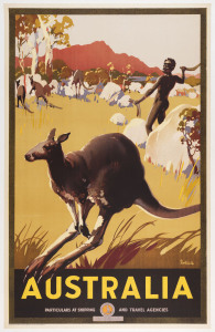 James NORTHFIELD (Australian, 1887-1973) Australia [Hunting Kangaroos], c1930s Colour lithograph, signed in image lower right, 102 x 64.5cm. Linen-backed.