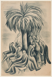 NAN HORTIN (Australian, 1916-1971) Figures Around A Palm Tree, c1953. Crayon, signed “Nan Adams” in ink verso, 55 x 37cm.