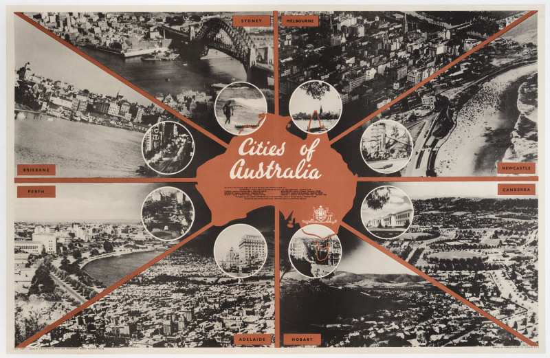 [POST-WAR IMMIGRATION POSTER] Cities of Australia c1940s colour process lithograph, 57 x 88.5cm. Linen-backed.