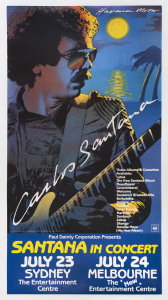 [ROCK N' ROLL] Carlos Santana. “Havana Moon” 1983 colour process lithograph, 113.7 x 60.4cm. Linen-backed. “Paul Dainty Corporation presents Santana in concert. July 23, Sydney, the Entertainment Centre. July 24, Melbourne, the new Entertainment Centr