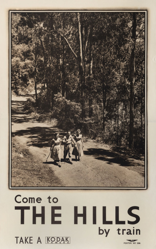 VICTORIAN RAILWAYS TRAVEL POSTER Come to THE HILLS by train, c1930s, Process lithograph, 101 x 64cm. Text at base reads: "VR [Victorian Railways], Poster No. 236. Take a Kodak Camera"