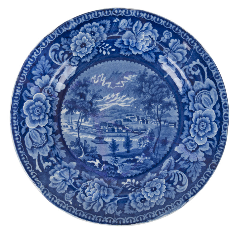 "HOBART TOWN" circa 1825 Staffordshire earthen ware ceramic plate with blue & white transfer pattern. (After) George William Evans, who originally published the image as a frontispiece to his book on the colony in 1822. Earliest known depiction of Austral