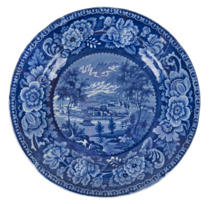 "HOBART TOWN" circa 1825 Staffordshire earthen ware ceramic plate with blue & white transfer pattern. (After) George William Evans, who originally published the image as a frontispiece to his book on the colony in 1822. Earliest known depiction of Australia on porcelain or earthen ware. Extremely rare & desirable. Diameter 23cm. Hairline cracks expertly repaired without loss of image.