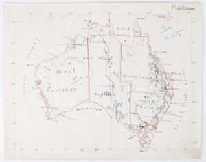 Manuscript map of Australia circa 1890, signed McGregor upper right, 26 x 32cm Further endorsed "16 / Untidy" in blue, probably by young McGregor's teacher. The focus of the map is on the newly completed Overland Telegraph; the Northern Territory still sh