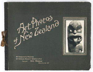 Thomas PRINGLE (1831 - 1873) Art Photos of New Zealand [Wellington. n.d. but c1907] oblong quarto, cloth spine and ribbon-tied green card covers, with photo inset and titles on front. Pages are black with tipped in photos which are all present and in goo