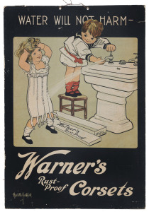 [SHOP DISPLAY ADVERTISING], circa 1918, James NORTHFIELD & William HACKETT, "Water Will Not Harm - WARNER'S RUST-PROOF CORSETS", charming hanging shop display sign, colour offset on paper laid down on card, with two eyelets at top. 40 x 28cm