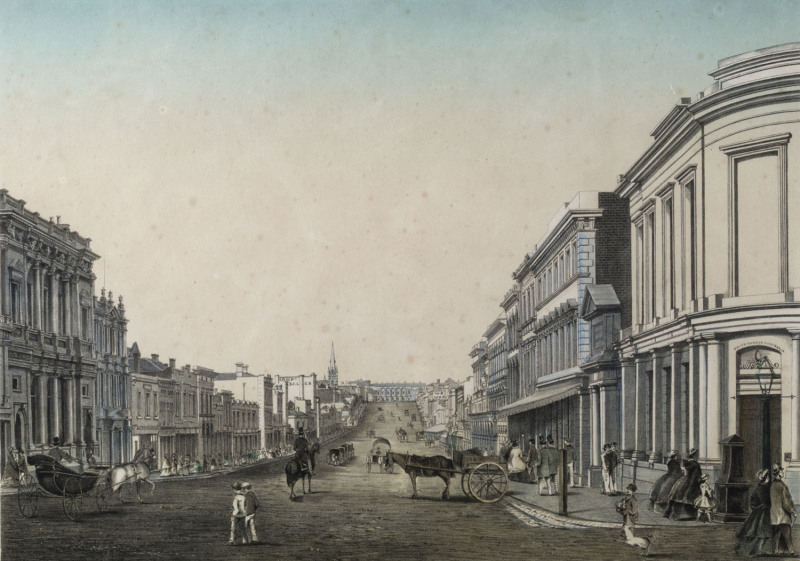 FRANCOIS COGNE [1829-1883], Collins Street [from Queen Street], coloured lithograph (from Charles Troedel's “The Melbourne Album” pub. Melbourne 1863/64), 27 x 38cm. The previous example of this image sold by Leski Auctions brought $4200+BP, The Art of C