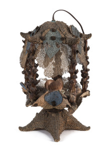 An unusual marine hanging light made from starfish, wood, shells and coral, 20th century, 45cm high