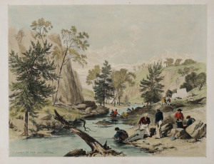 GEORGE FRENCH ANGAS (1822-1886), Summer-Hill Creek below Lewis Ponds, Gold Washing, (from "Views of the gold regions of Australia, drawn on the spot" London, 1851), hand-coloured lithograph, 25 x 33cm.