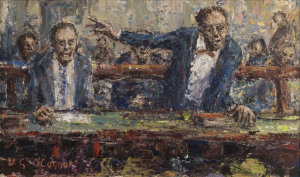 VICTOR GEORGE (Vic) O'CONNOR (1918-2010), Drama, from a series of legal sketches, oil on board, signed lower left "V.G, O'Connor", 21 x 34cm