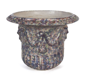 BENDIGO POTTERY rare Colonial urn with lion mask decoration and mottle glaze, 19th century, missing the stand, 37cm high, 46cm diameter
