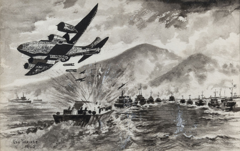 UNA FALKINER (Australian), WW2 Pacific naval battle scene, watercolour, signed and dated lower left "Una Falkiner, 1943", note: Una Falkiner (nee) La Souef from the Goulburn Valley in Victoria was the Government Protector of Aborigines in that area. ​23 x