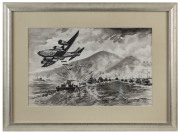 UNA FALKINER (Australian), WW2 Pacific naval battle scene, watercolour, signed and dated lower left "Una Falkiner, 1943", note: Una Falkiner (nee) La Souef from the Goulburn Valley in Victoria was the Government Protector of Aborigines in that area. ​23 x - 2