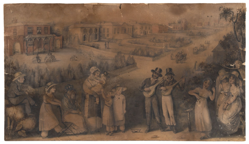 ARTIST UNKNOWN (American 18th century), Creole street scene, watercolour, blind embossed seal lower left (illegible), 22 x 39cm