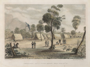 DAVID TULLOCH [1829 - 1869], Commissioners Tent & Officers Quarters Forest Creek Decr. 1851, hand coloured engraving (from "Ham's five views of the gold fields of Mount Alexander and Ballarat in the colony of Victoria / drawn on the spot by D. M. Tulloch"