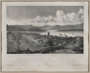 LOUIS AUGUSTE DE SAINSON (France, Australia, New Zealand, 1800-87), HOBART - TOWN Vue prise d'un ravin au Norde (Van Diemen) [Pl.157], engraving by the official artist on Dumont d'Urville's Voyage of the Astrolabe in 1827. 21 x 33.5cm