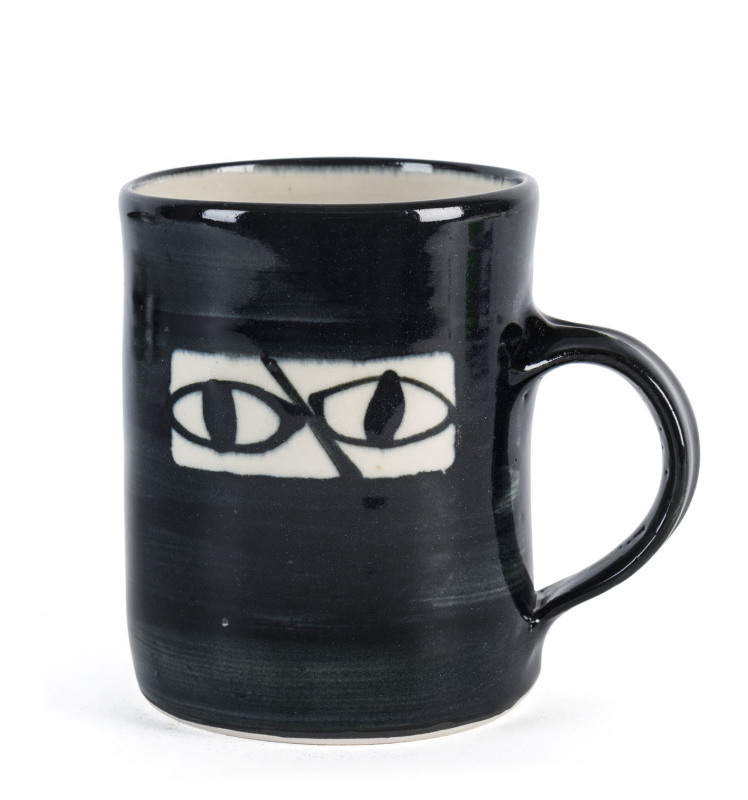 SIDNEY NOLAN "Ned Kelly" pottery mug, signed "Nolan at Heide 1946-47, Dobell 1997, 5/50", ​10.5cm high