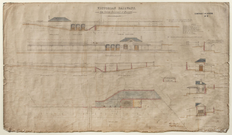 "Victorian Railways, New Station Building At Windsor", elivated veiw and plan, scale 8 feet to 1 inch. Railway Department Melbourne, March 1885. ​framed and glazed 112 x 162cm overall