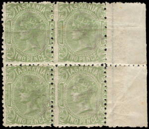 1875 (SG.145b) 2d Yellow -Green Sideface wmk. TAS marginal blk.(4) with fresh colour; full gum with light crease across one unit. A scarce multiple. Cat. &pound;900.
