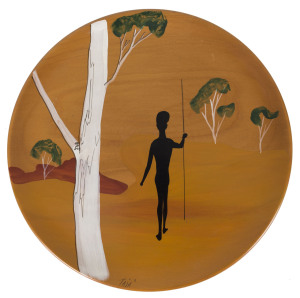 Six Australian timber plaques, mid 20th century, the largest 38cm diameter