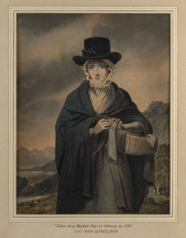 JOHN GLOVER (1767 - 1849), Portrait of a Welsh Girl, watercolour, 21 x 16cm. Inscribed verso in artist's hand "Taken on Market Day at Conway in 1796". PROVENANCE: Martyn Gregory Gallery, London. Exhibited at Gould Galleries, Melbourne, March 1982.