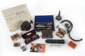 Old klaxon horn, cutlery, advertising ware, Bonzo postcard, fox whistle, antique document, spectacles etc, 19th and early 20th century, (15 items)