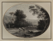 JOHN GLOVER (1767 - 1849), River Scene with cattle and shepherd, watercolour: monochrome, 25 x 33cm (oval). PROVENANCE: Appleby Brothers, St.James, London
