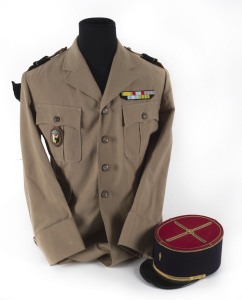 French Army Lieutenant's summer tunic with five medal ribbon bar and Madagascar badges, plus correct kepi