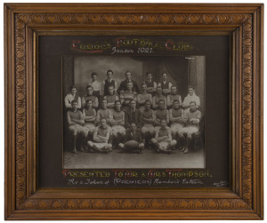 "The Errol's Football Club" circa 1921 premiers team photograph, framed and mounted with caption "Presented To Mr & Mrs Thompson As A Token Of (Premiers) Member's Esteem", ​56 x 66cm overall