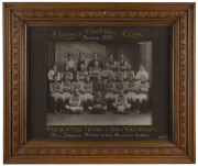 "The Errol's Football Club" circa 1921 premiers team photograph, framed and mounted with caption "Presented To Mr & Mrs Thompson As A Token Of (Premiers) Member's Esteem", ​56 x 66cm overall