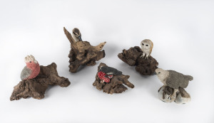 PETER DELAHENTY "Wildlife Sculpture" galah, owl, sea eagle, kookaburra and robin ceramic sculptures, late 20th century, the largest 30cm high