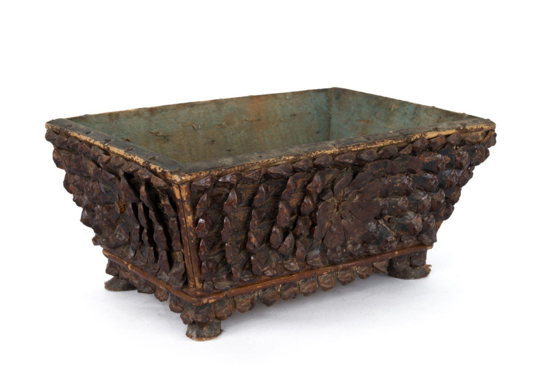 A folk art box made from pine cones, circa 1920. Boxes and ornaments such as these were often made by returned soldiers from The Great War as part of their rehabilitation. 30cm across